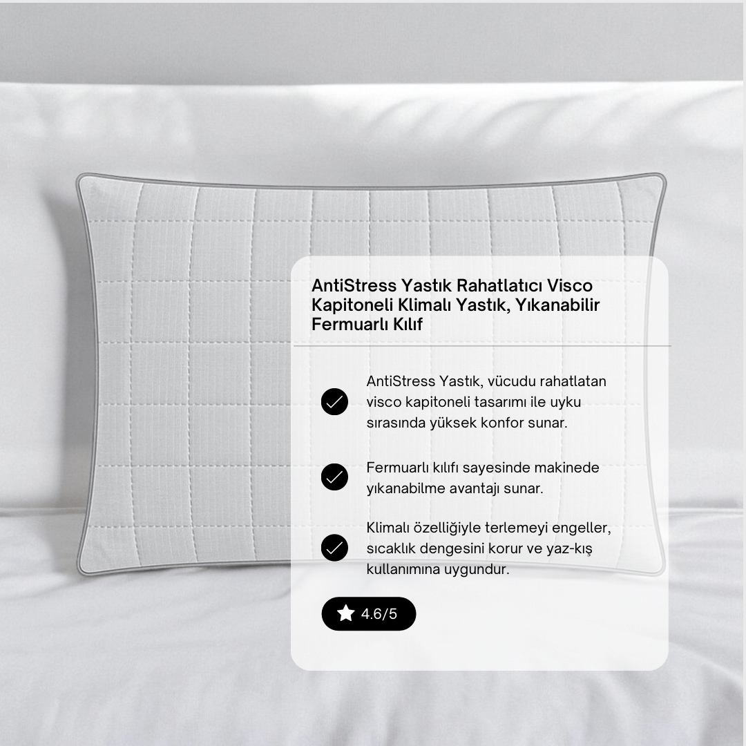 AntiStress Yastık Rahatlatıcı Visco Kapitoneli Klimalı Yastık, Yıkanabilir Fermuarlı Kılıf
